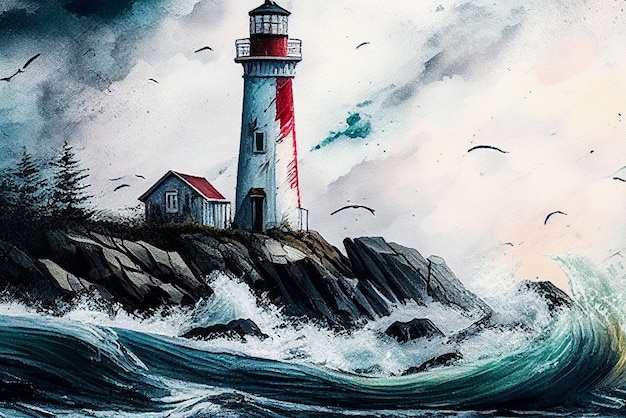 Painting of a lighthouse on rocky cliff with birds flying over it generative ai