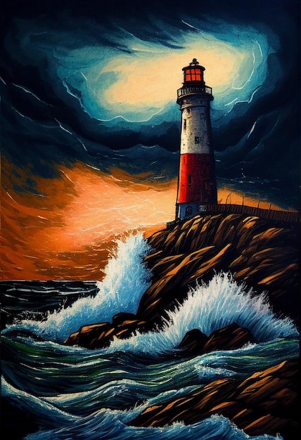 Painting of a lighthouse on rocky cliff with red light generative ai