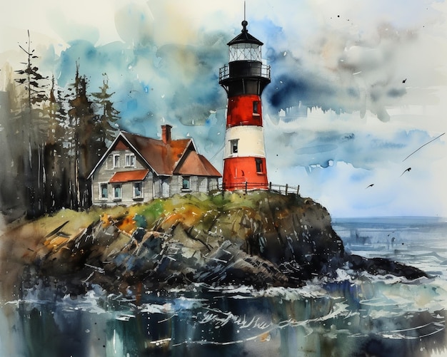 Photo painting of a lighthouse on a rocky island with a bird flying by generative ai