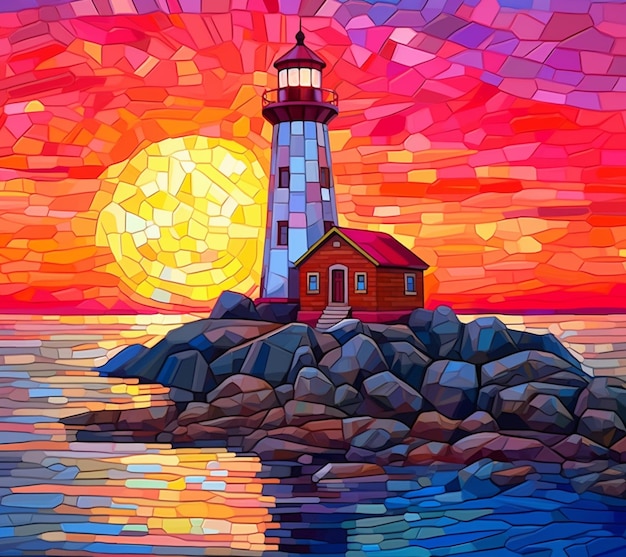 painting of a lighthouse on a rocky island with a sunset in the background generative ai