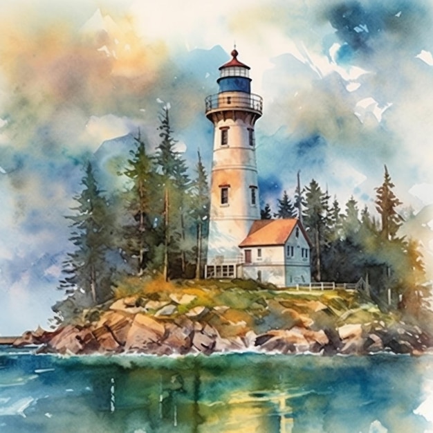 岩石の島の灯台を背景に樹木を描いた絵
