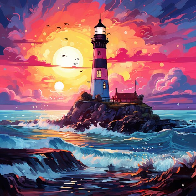 Painting of a lighthouse on a rocky island with waves crashing in front of it generative ai