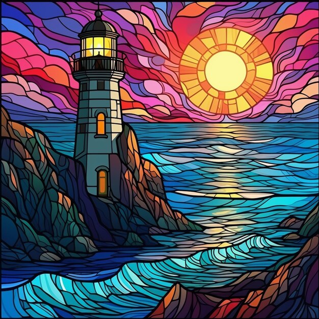 a painting of a lighthouse on a rocky shore with a sunset generative ai