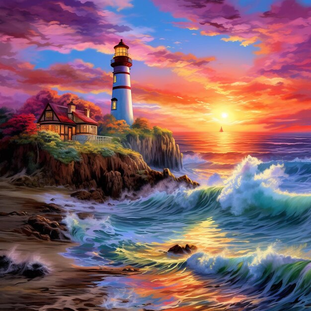 painting of a lighthouse on a rocky shore with waves crashing generative ai