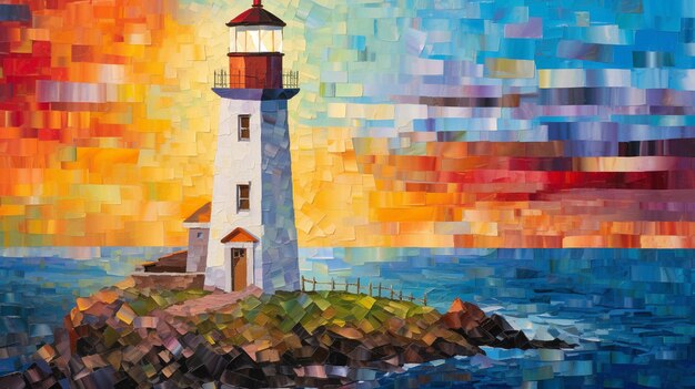 Painting of a lighthouse on a small island with a colorful sky generative ai