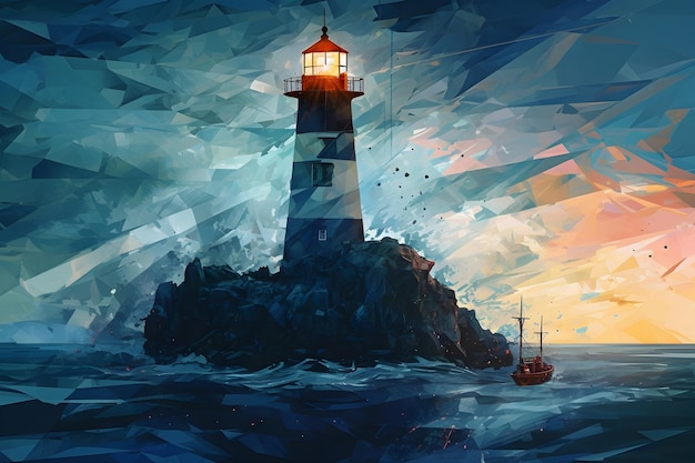 嵐の空に浮かぶ灯台の絵