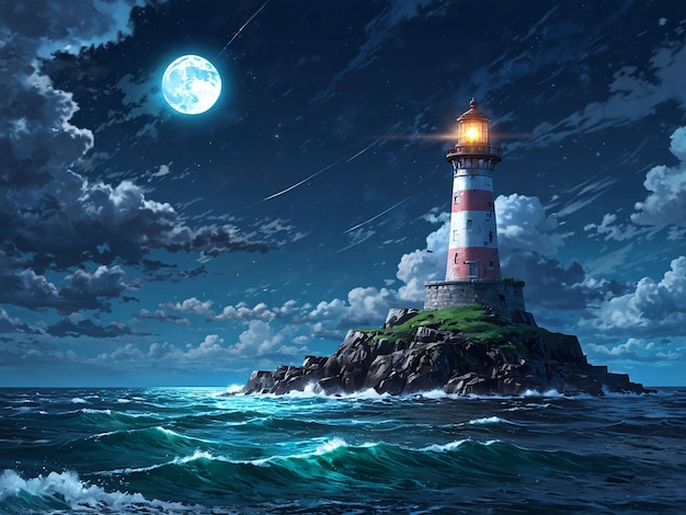 嵐の天気の灯台の絵画