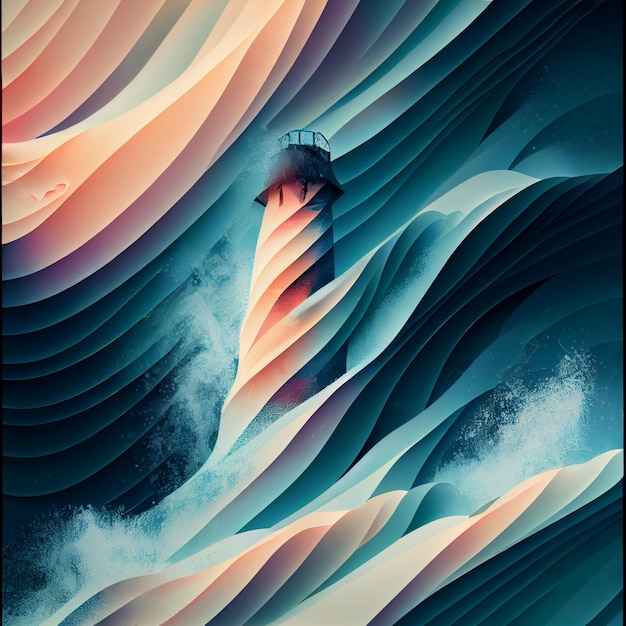 Painting of a lighthouse surrounded by waves generative ai