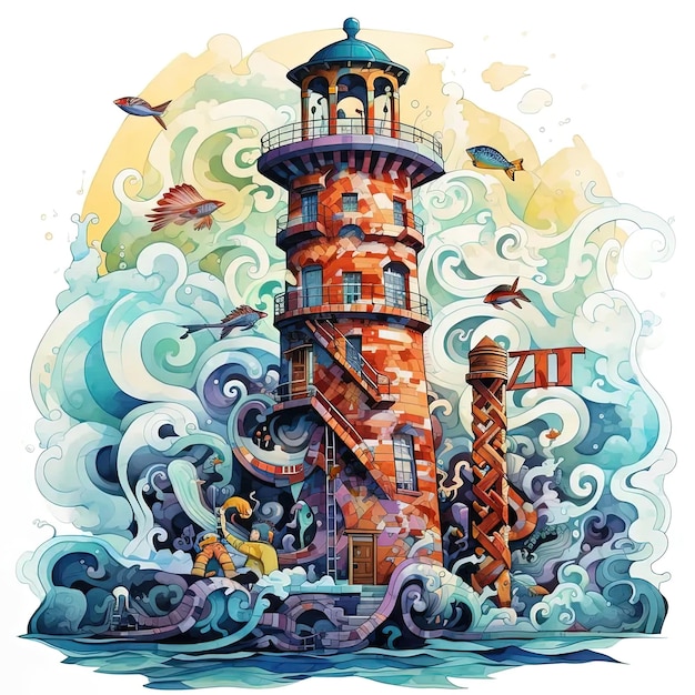 A painting of a lighthouse surrounded by waves
