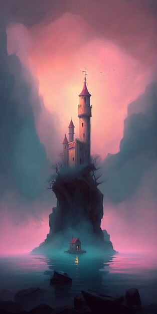 Painting of a lighthouse tower with on small island generative ai