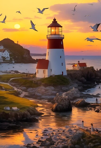 a painting of a lighthouse with birds flying around it