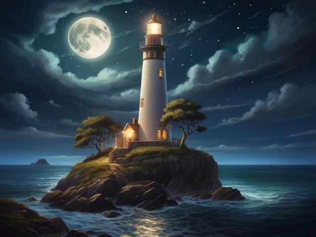 a painting of a lighthouse with a full moon in the background