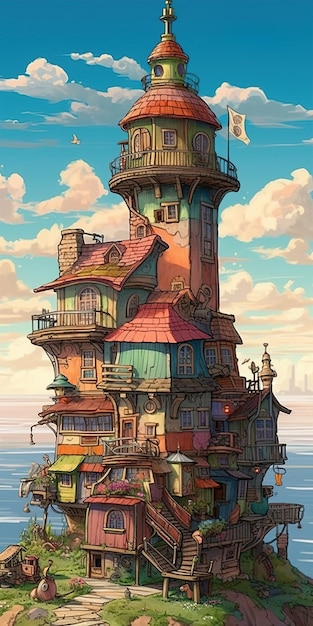 A painting of a lighthouse with houses