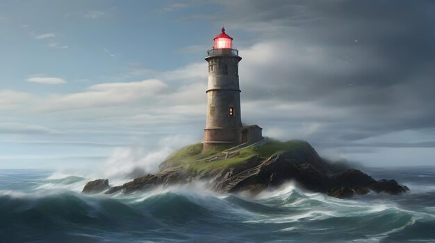 a painting of a lighthouse with a light on the top of it