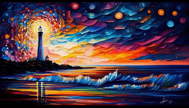 A painting of a lighthouse with a lighthouse in the background.