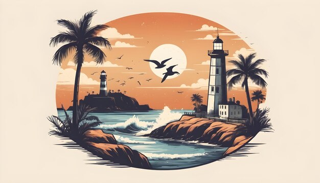 a painting of a lighthouse with palm trees and a lighthouse