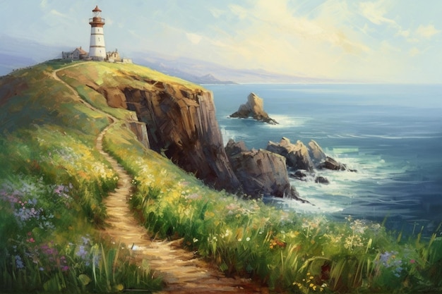 A painting of a lighthouse with a path leading to the ocean.