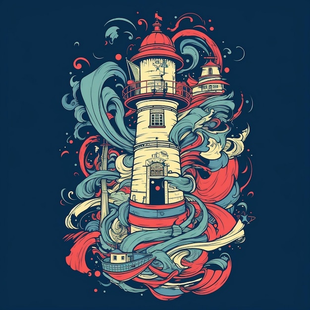 a painting of a lighthouse with a red and blue background.