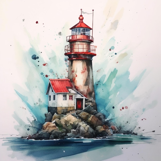 painting of a lighthouse with a red roof and a red roof generative ai