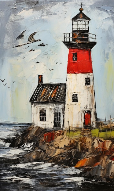 Картина маяка с красно-белой башней на скалистом берегу