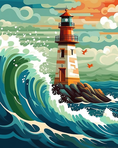 A painting of a lighthouse with a wave crashing on it.