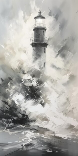 A painting of a lighthouse with the words " the lighthouse " on the left.