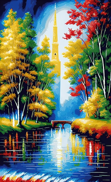 A painting of a lighthouse in the woods