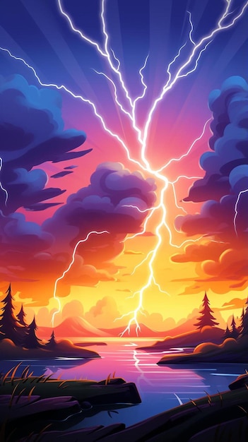 a painting of a lightning bolt over a lake