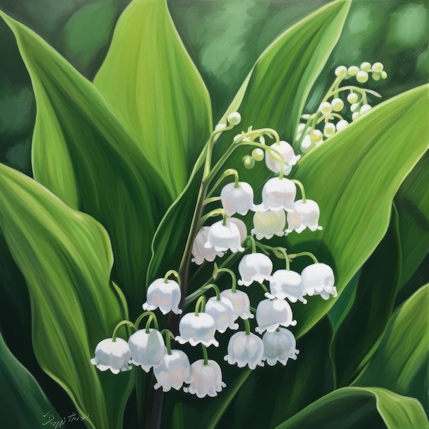 A painting of lily of the valley with green leaves.