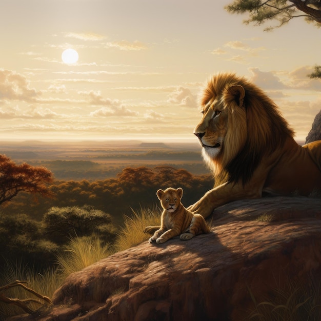 A painting of a lion and a baby lion