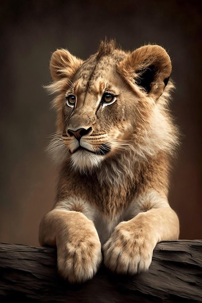 A painting of a lion cub on a fence