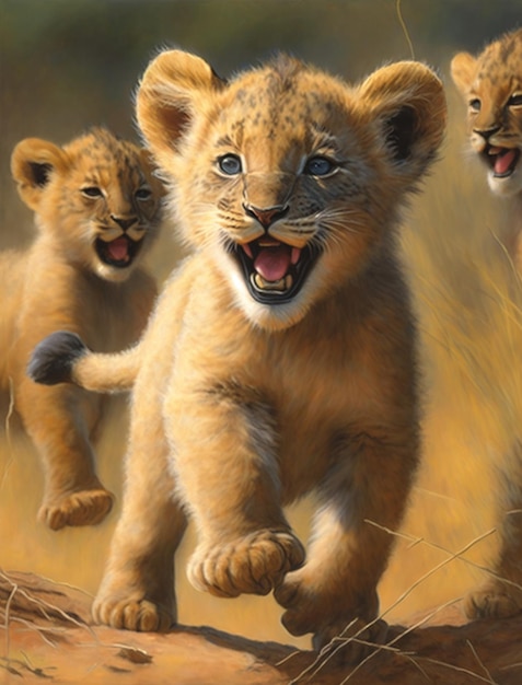 A painting of a lion cub running in a field.