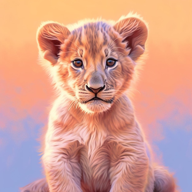 Картина львиного детеныша, сидящего на скале и смотрящего в камеру.