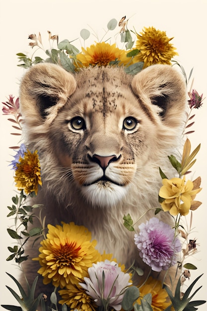 A painting of a lion cub with flowers on it.