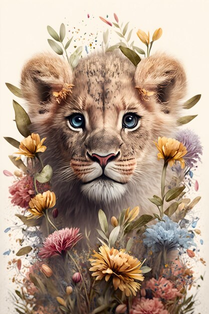 A painting of a lion cub with flowers on it