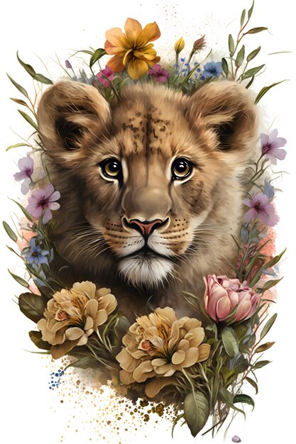 A painting of a lion cub with flowers on it