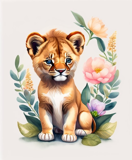 A painting of a lion cub with flowers and leaves.