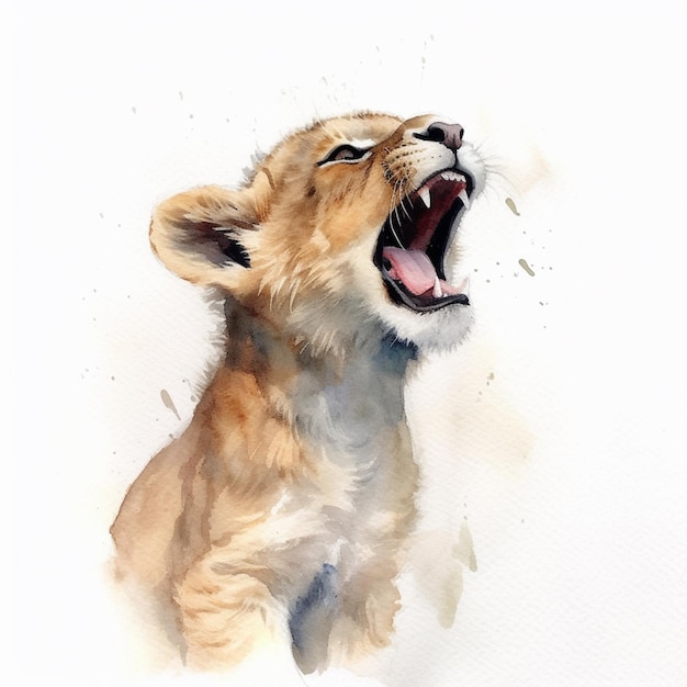 Photo painting of a lion cub yawning with its mouth open generative ai