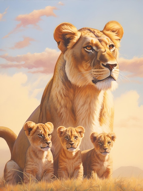 A painting of a lion family with their cubs.