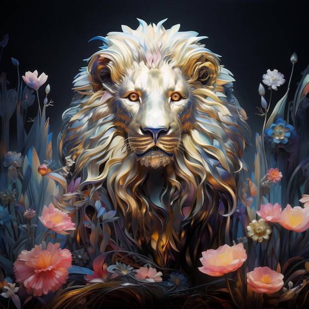 Картина льва в поле цветов на черном фоне генеративный искусственный интеллект