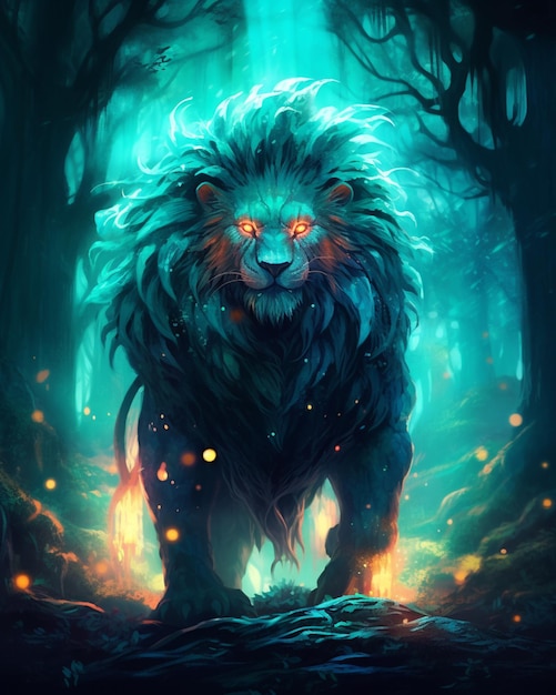 Painting of a lion in a forest with fire coming out of its mouth generative ai