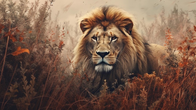 A painting of a lion in the grass