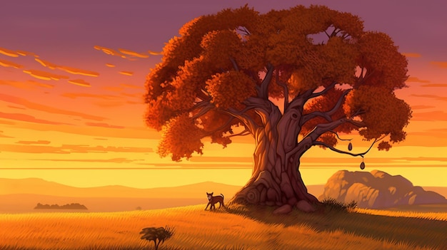 A painting of a lion king under a tree