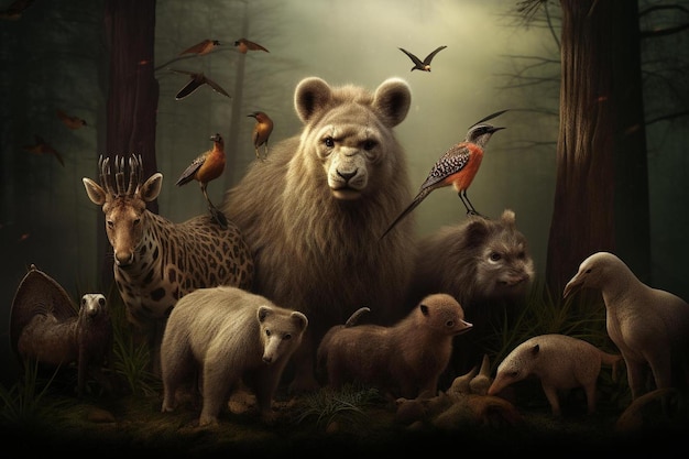 Photo a painting of a lion and a lion with birds in the background