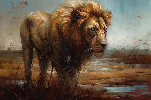 A painting of a lion in a marsh