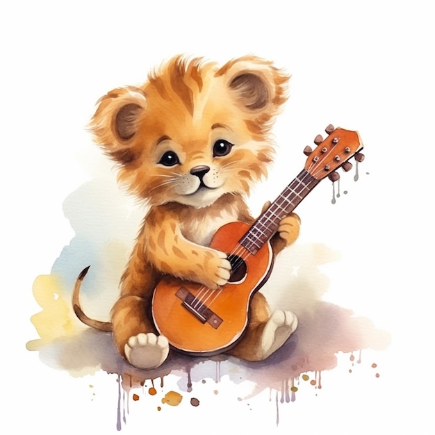 painting of a lion playing a guitar with a watercolor effect generative ai