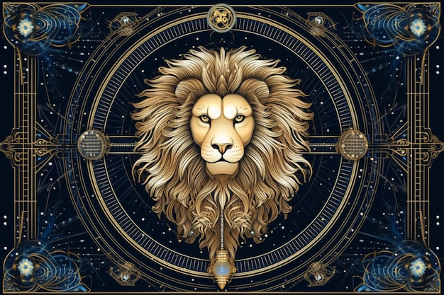 Photo a painting of a lion's head with a star and a symbol of the zodiac.