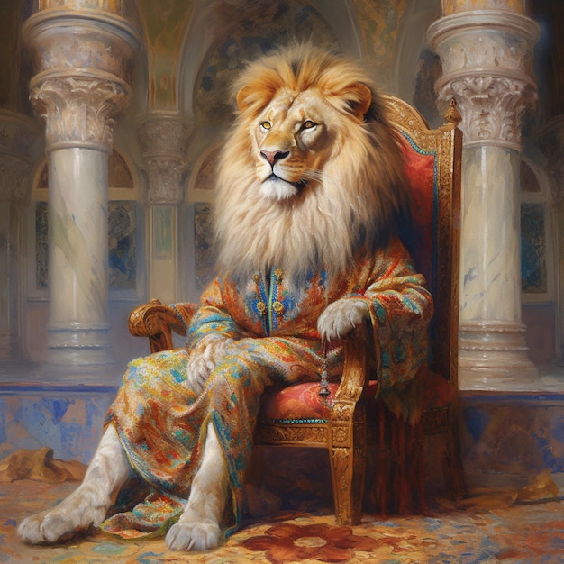 Foto pittura di un leone seduto su una sedia in una stanza generativa ai