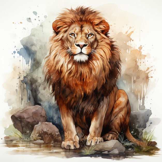 painting of a lion sitting on a rock with watercolor paint generative ai