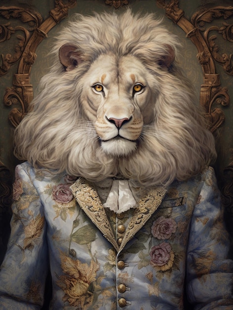 Photo painting of a lion in a suit with a golden crown generative ai